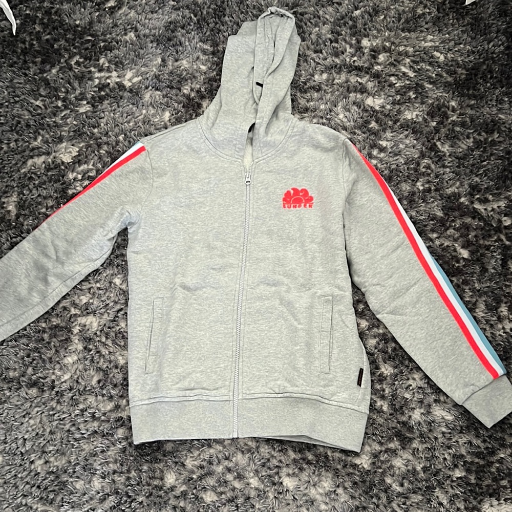 Sunder grey zip up hoodie with blue orange and white stripes on sleeves